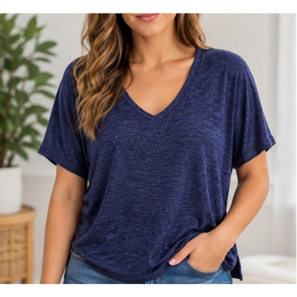 Old Navy Boyfriend V-Neck Tee Navy Blue Heather Slub Knit Oversized XL_234